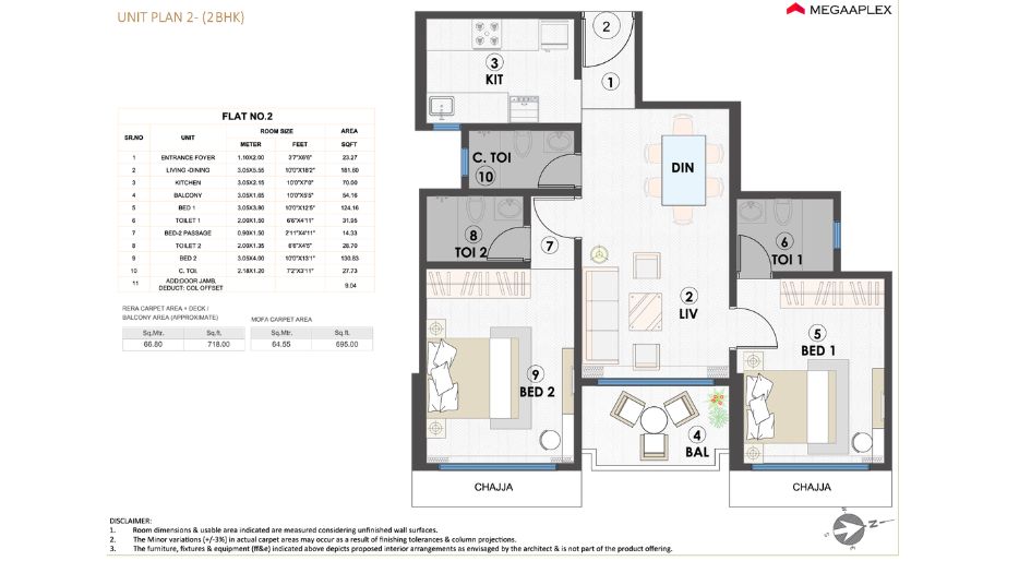 Megaaplex-Prime-Vista-Floor-Plan-2 BHK - 695 Sqft